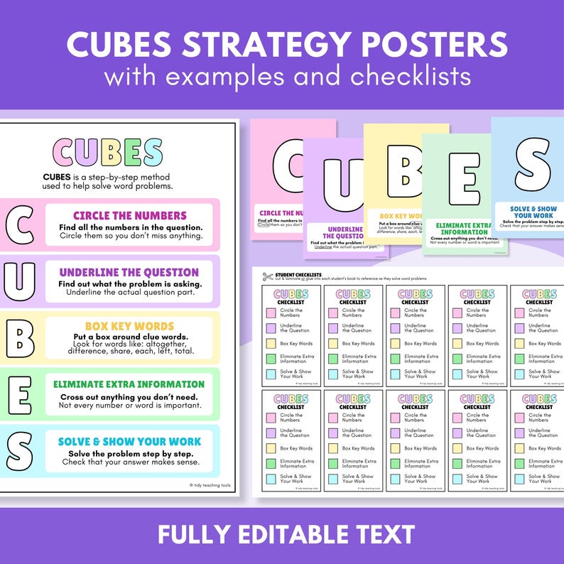 CUBES Maths Strategy Posters, Examples and Checklists for Solving Word ...