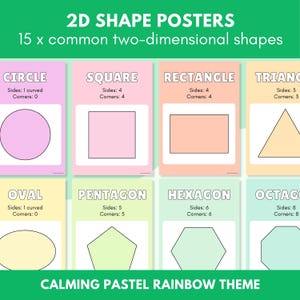 May include: Educational posters displaying 15 common two-dimensional shapes, such as a circle, square, rectangle, and triangle. Each shape is presented in a pastel colour with its sides and corners labelled. The posters have a calming pastel rainbow theme.