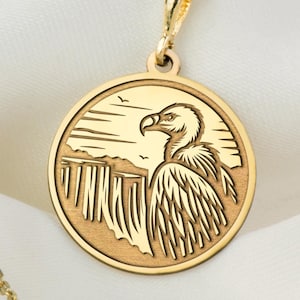 14K Solid Gold Vulture Necklace, Personalized Vulture Charm, Vulture Lover Gift, Vulture Coin Necklace, Flying Beast Bird Pendant Necklace