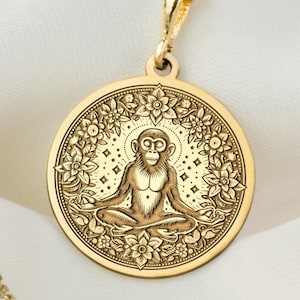14K Solid Gold Meditation Monkey Necklace, Silver Monkey Pendant, Rose Gold Monkey Jewelry, Real Gold Animal Disc Gift For Meditation People