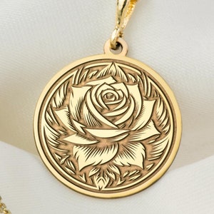14K Solid Gold Rose Necklace, Silver Rose Necklace, Mothers Day Gift, Personalized Rose Name Charm, Flower Necklace Engraved, Real Gold Rose