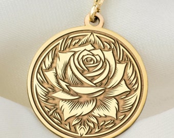 14K Solid Gold Rose Necklace: Personalized Flower Charm