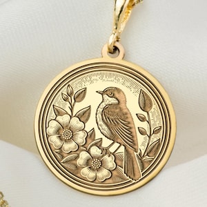14K Solid Gold Floral Bird Necklace, Silver Sparrow Pendant, Rose Gold Bird Jewelry, Symbolic Bird Charm Necklace for Hope and Resilience