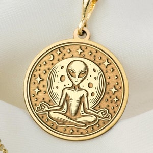 14K Solid Gold Meditation Alien Necklace, Silver Alien Pendant, Rose Gold Alien Jewelry, Alien Gift, Gift For Meditation People, Gift Her