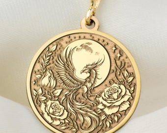 14K Solid Gold Phoenix Charm Pendant, Floral Phoenix Necklace, Mythical Firebird Medallion, Symbol of Rebirth Jewelry, Gift For Animal Lover