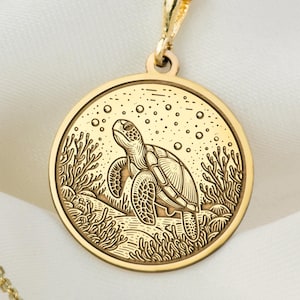 14K Gold Sea Turtle Necklace: Engraved Animal Pendant