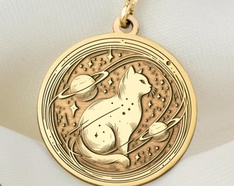 14K Solid Gold Cat In Space Necklace, Dainty Cat Jewelry, Personalized Cute Cat Pendant, Cat Jewelry, Gold Animal Pendant, Woman gift