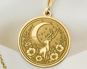 14K Solid Gold Deer Necklace, Silver Floral Deer Pendant, Rose Gold Celestial Deer Medallion, Animal Jewelry, Crescent Coin, Family Charm