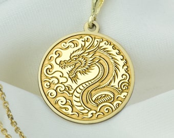14K Solid Gold Dragon Necklace, Personalized Chinese Dragon Pendant, Year of the Dragon Jewelry, Silver Dragon Round Charm, Gift For Her