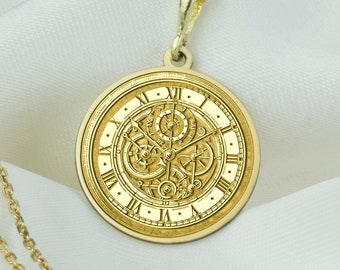 14K Solid Gold Clock Necklace, Personalized Vintage Clock Pendant, Silver Clock Jewelry, Custom Time Necklace, Best Friend Gift
