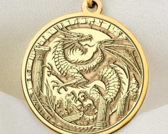 14K Gold Dragon Medallion Necklace: Personalized Engraved Pendant