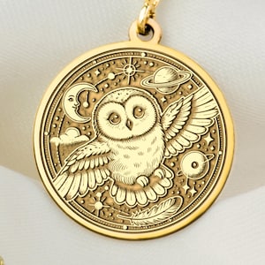 14K Solid Gold Owl Necklace, Celestial Owl Pendant, Silver Owl Charm, Magical Animal Jewelry, Gift For Owl Lovers, Birthday Gift, Gift Her