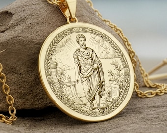 14K Gold Marcus Aurelius Necklace: Stoic Philosopher Pendant, Roman Emperor Charm