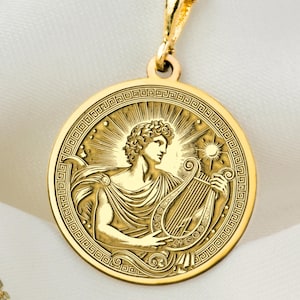 14K Solid Gold Apollo Charm Necklace, Silver Greek God of Sun Jewelry, Rose Gold Apollo Medallion, Apollo Pendant, Gift For Mythology Lover
