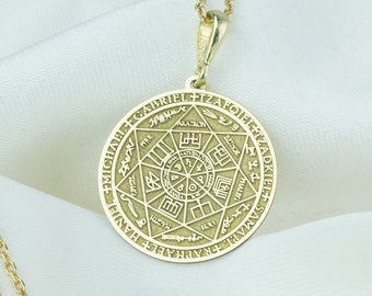 14K Gold Seven Archangels Seal of Solomon Disc Charm: Religious Protection Necklace