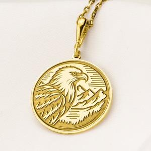 14K Solid Gold Eagle Necklace, Personalized Eagle Pendant, Eagle Medallion Charm, Gold Bird Necklace, Gold Eagle Jewelry, Birthday Gift