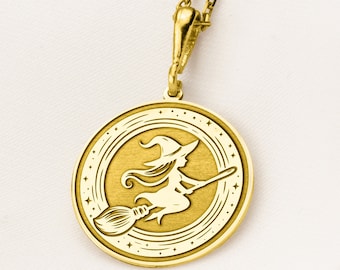 14K Gold Hexe Anhänger Halskette: Fliegender Besen Anhänger