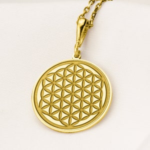 14K Solid Gold Sacred Geometry Charm Necklace, Sacred Geometry Flower of Life Silver Medallion, Shasrara chakra, Silver Crystal Energy Disk