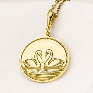 14K Solid Gold Swan Couple Necklace, Swan Pendant, Personalized Swan Charm Pendant, Dainty Swan Jewelry, Swan Pendant Disc, Woman Gift