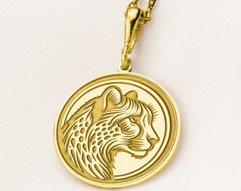 14K Solid Gold Geparden Medaillon Halskette, Safari Katze Charme