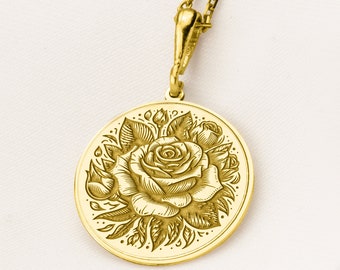 14K Solid Gold Rose Pendant, Silver Rose Necklace, Mothers Day Gift, Personalized Rose Name Charm, Flower Necklace Engraved, Gold Rose Charm