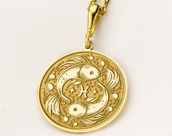 Colgante de Piscis en oro macizo de 14 quilates: collar de astrología del zodíaco