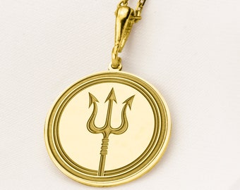 14K Solid Gold Trident Pendant: Poseidon Charm Necklace