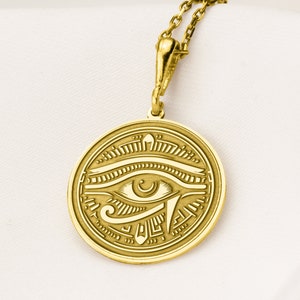 14K Solid Gold Eye Of Ra Pendant, Eye Of Horus Necklace, Ancient Egypt Jewelry, Egyptian Symbols Charm, Evil Eye Necklace, Spiritual Gift