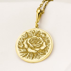 14K Solid Gold Rose Pendant, Silver Rose Necklace, Mothers Day Gift, Personalized Rose Name Charm, Flower Necklace Engraved, Gold Rose Charm
