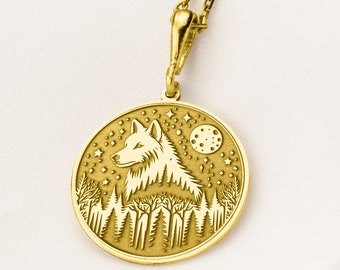 14K Gold Wolf Pendant, Engraved Forest Jewelry
