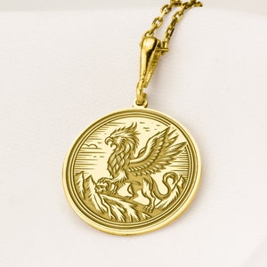 14K Solid Gold Griffin Necklace, Personalized Griffin Pendant, Gryphon Charm Necklace, Lion and Eagle Pendant, Greek Mythology Jewelry