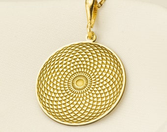 14K Solid Gold Sacred Geometry Charm Pendant, Sacred Geometry Flower of Life Silver Medallion, Shasrara chakra, Crystal Energy Disk