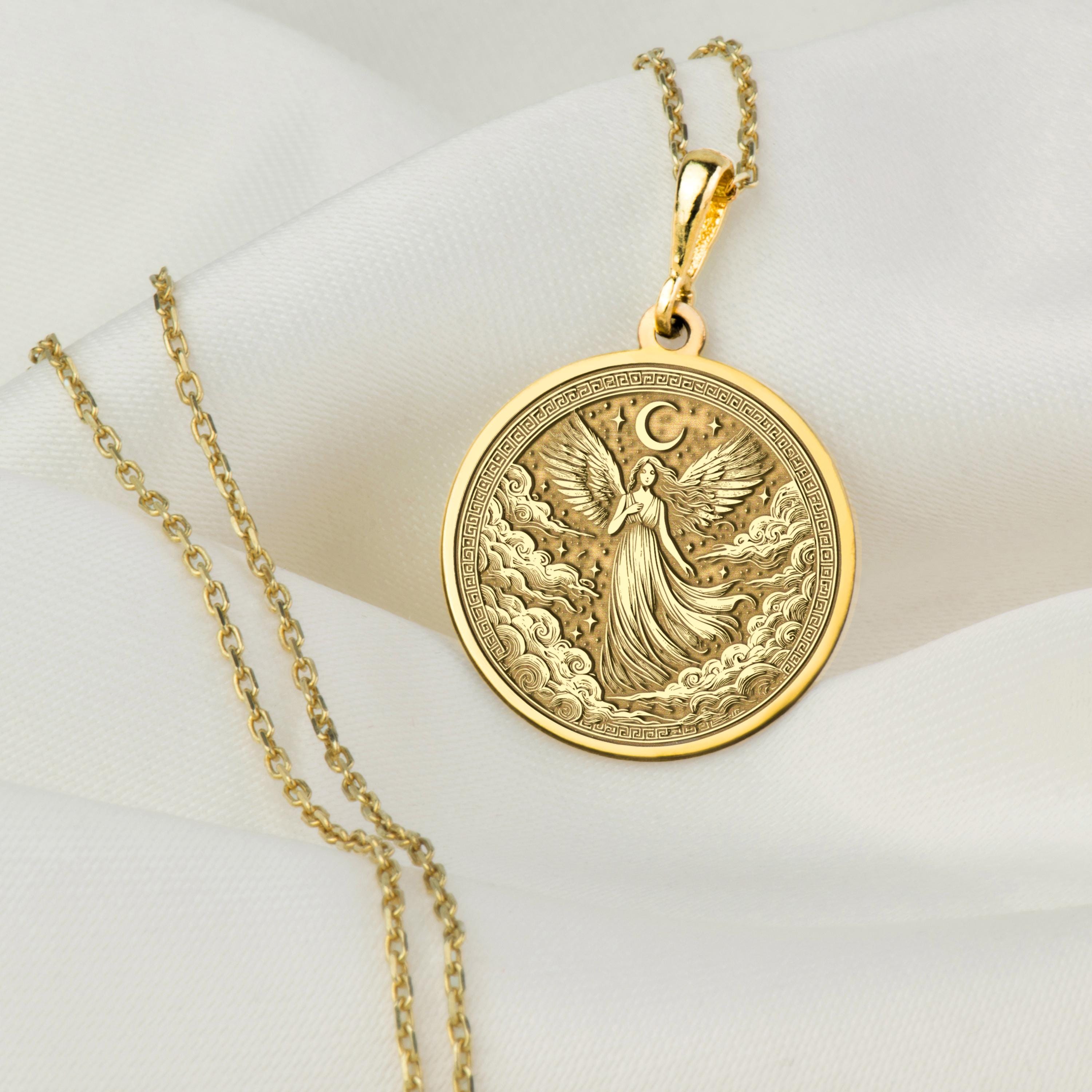 14K Solid Gold Nyx Halskette, Silber Nyx Medaillon, griechische Göttin der Nacht Anhänger, Mond und Sterne Charme, Mythologie Schmuck, Geschenk für Sie