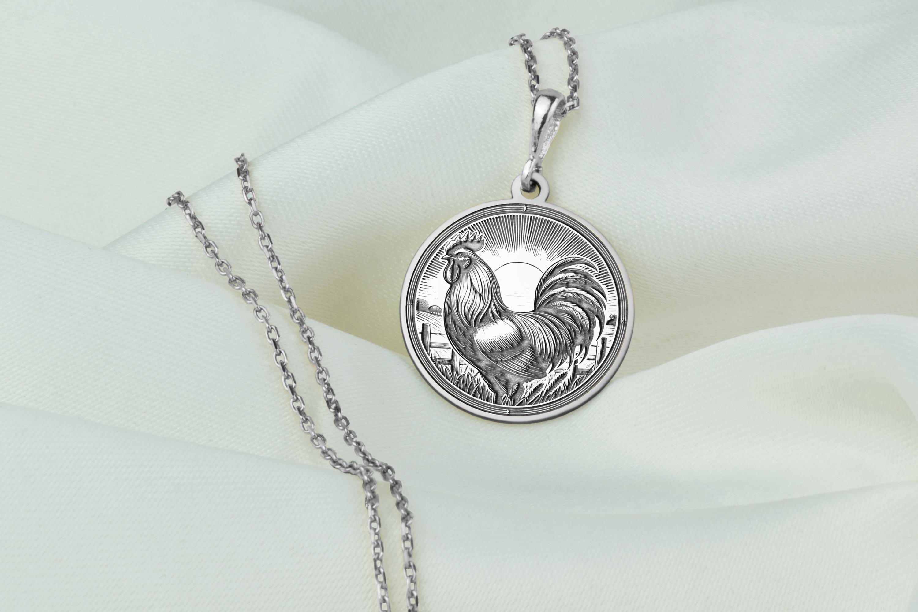 14Kソリッドゴールドの雄鶏チャームペンダント、シルバーの雄鶏