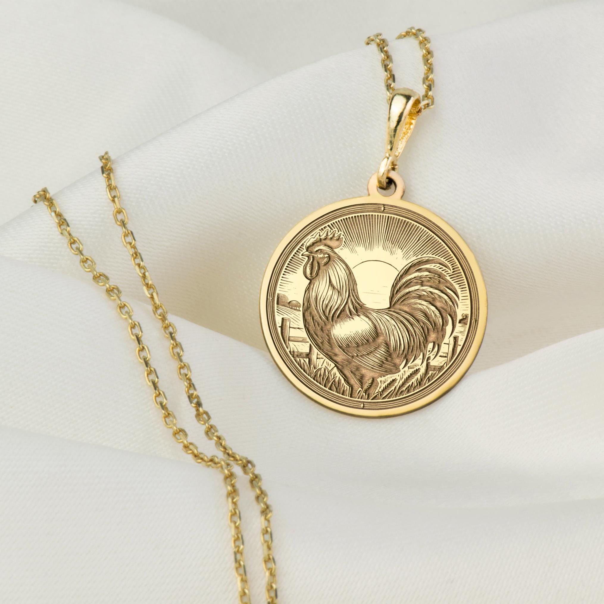 14Kソリッドゴールドの雄鶏チャームペンダント、シルバーの雄鶏