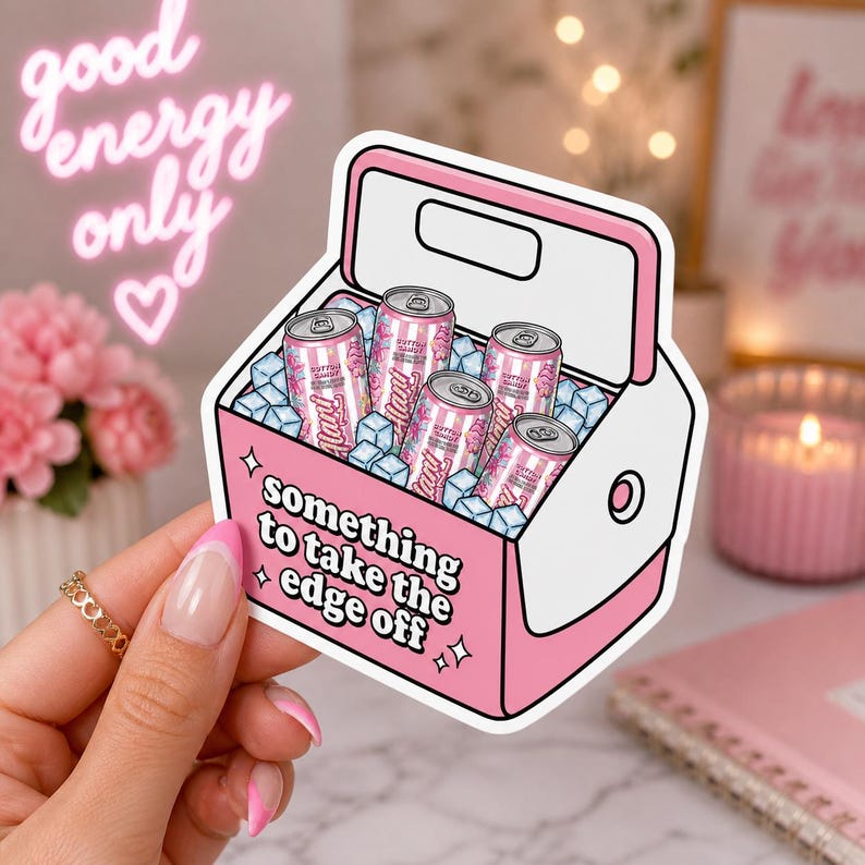 Alani Energy Drink Sticker | Pink Cooler Sticker | Funny Quote “Something to Take the Edge Off” | Water Bottle Laptop Decal | Trendy Sticker