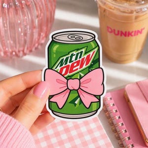 Mt. Dew Soda Can Sticker | Pink Bow Drink Decal | Cute Girly Aesthetic Sticker | Waterproof Vinyl for Laptop & Water Bottle