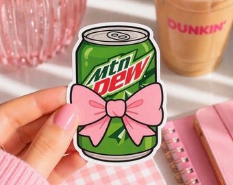 Mt. Dew Soda Can Sticker | Pink Bow Drink Decal | Cute Girly Aesthetic Sticker | Waterproof Vinyl for Laptop & Water Bottle