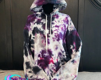 Handmade Tie Dye Hoodie: Fuchsia, Purple, Black, and Gray Unisex Sweatshirt