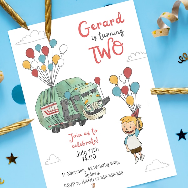 Editable Trash Truck Show Birthday Invitation Basurete Gran Camión Cumpleaños infantil Download Canva Template Instant Printable Netflix