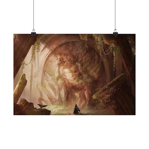 以下が含まれることがあります： 石の巨大な生き物が蔦で覆われているデジタルペイント。生き物は洞窟のような空間に立っており、その前に黒い服を着た人物が立っている。