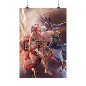 以下が含まれることがあります： 赤い髪と白い髪の2人の人物が寄り添って立っている。赤い髪のほうは赤と金の衣装を着ており、白い髪のほうは青と白の衣装を着ている。2人の人物は光の爆発に包まれている。