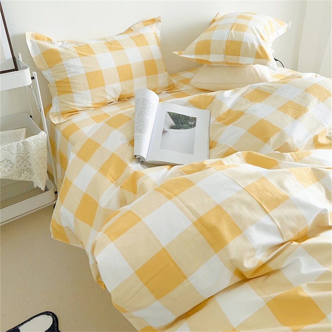 Checkerboard Duvet Cover Yellow Plaid Bedding Set Twin Full Etsy