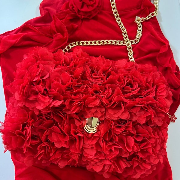 Handmade Red Flower Chiffon Handbag w Gold Chain Strap & Keychain Charm ~ Chic Purse, Designer Style, Gift for Her, Crossbody Bag, Night Out