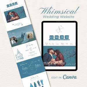 Op de afbeelding: Een digitaal ontwerp voor een trouwwebsite met een kleurenschema van blauwgroen en wit. Het ontwerp bevat foto's van een stel, afteltimers en de tekst "Whimsical Wedding Website". De website is te bewerken in Canva.