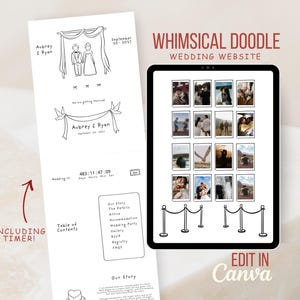 Op de afbeelding: Een digitale trouwwebsite-sjabloon met een grillig doodle-ontwerp. Het ontwerp bevat een countdown timer, een inhoudsopgave en de tekst "Aubrey & Ryan". De website bevat een galerij met trouwfoto's en de tekst "Edit in Canva."
