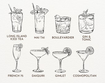 Hand Drawn Cocktail Icons Digital Cocktail Clipart Classic Drink Illustration Bar Menu Art Beverage Graphics