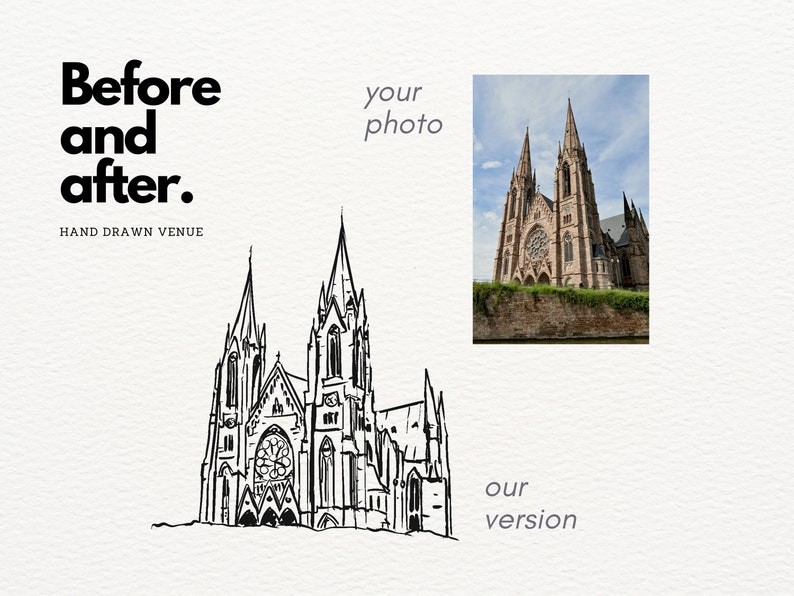 Op de afbeelding: Een zwart-witte lijntekening van een kerk met twee hoge torens. De tekening is gelabeld "onze versie" en staat naast een foto van dezelfde kerk met het label "uw foto". De tekst "Voor en na. Handgetekende locatie" staat bovenaan de afbeelding.