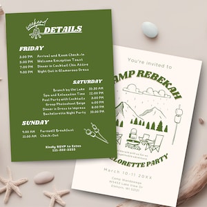 Plantilla de itinerario de despedida de soltera de campamento Invitación de despedida de soltera Canva Invitación de despedida de soltera para acampar Itinerario de despedida de soltera de montaña Fin de semana de gallinas