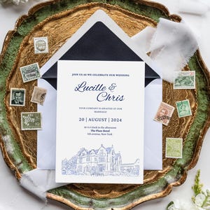 Plantilla editable de Canva para guardar la fecha en invitaciones de boda Plantilla para invitación a lugar de celebración de bodas Invitación de boda extravagante Guardar la fecha minimalista